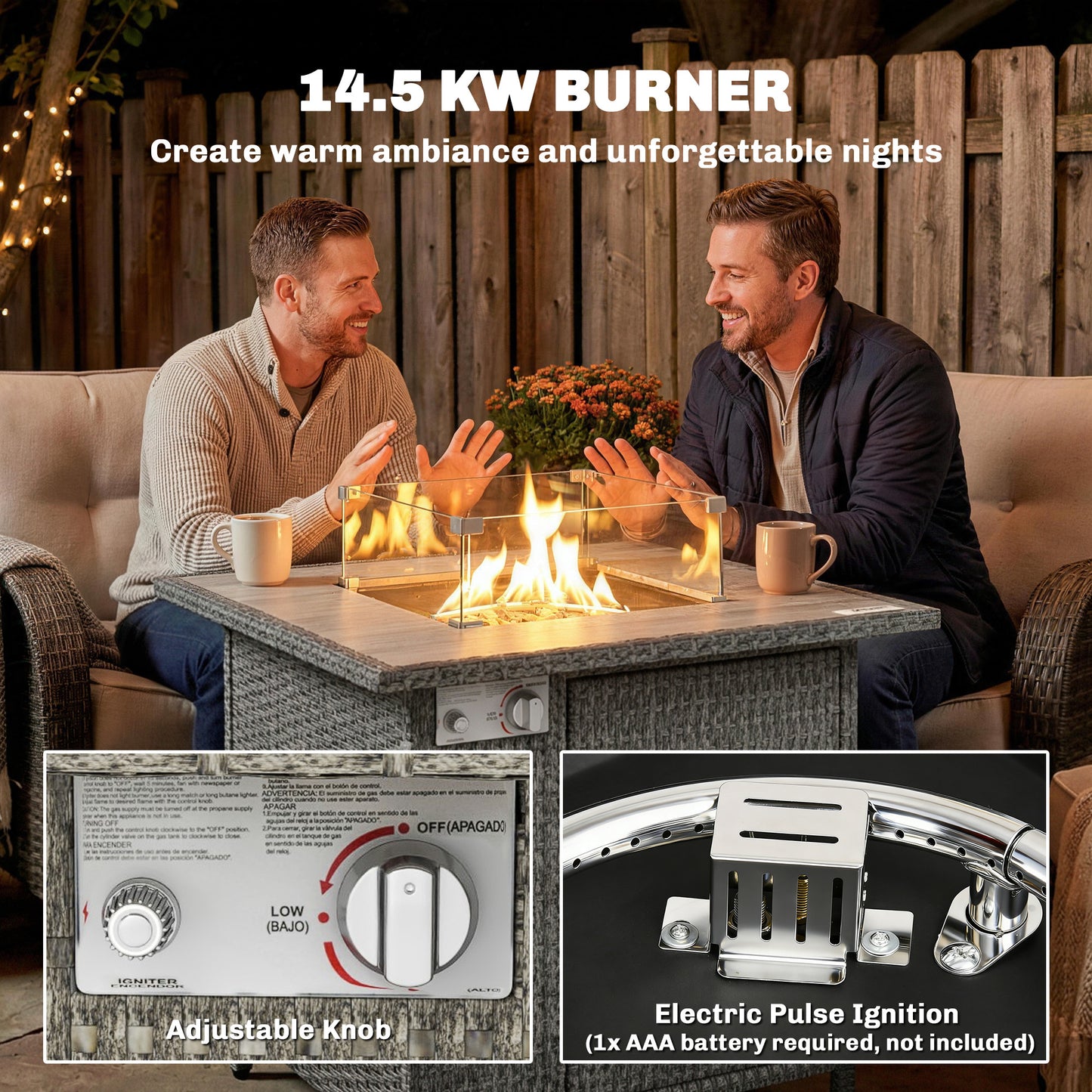 14.5 KW Rattan Gas Fire Pit Dining Table with Rain Cover, Wind Guard, Lid, Lava Rocks, Dark Grey
