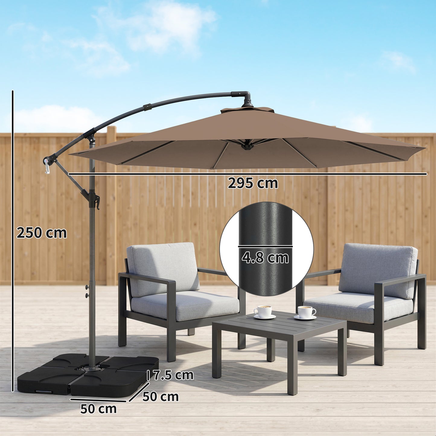 3m Overhanging Parasol, with Base, Weights and Cover - Coffee