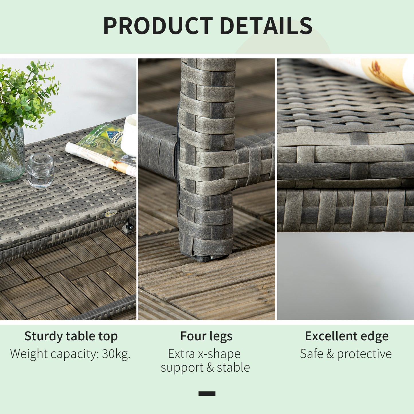 Outdoor Coffee Table Side Table with Rectangular Shape Frame for Patio, Balcony, Mixed Grey
