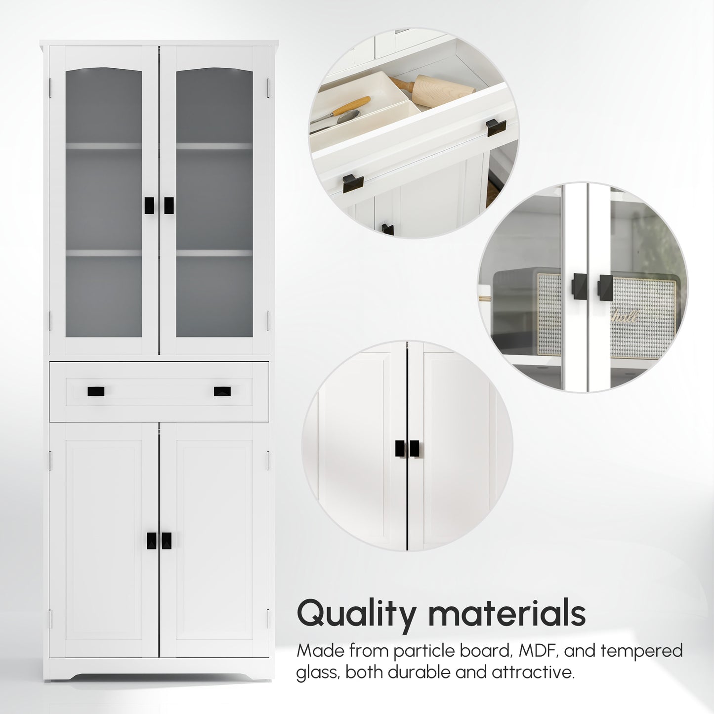 Kitchen Cupboard, Freestanding Storage Cabinet with 2 Adjustable Shelves, Drawer and Glass Door for Living Room, Dining Room
