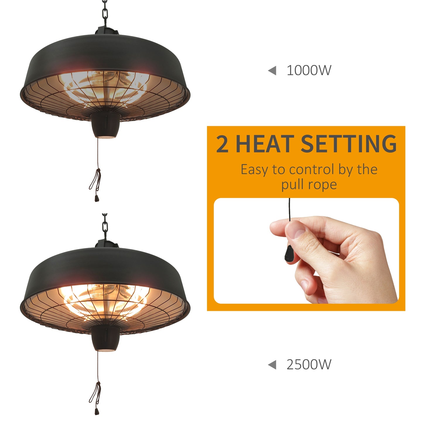 Adjustable Power 1000/2500W Infrared Halogen Electric Patio Light Heater, Ceiling Hanging Mount -Black
