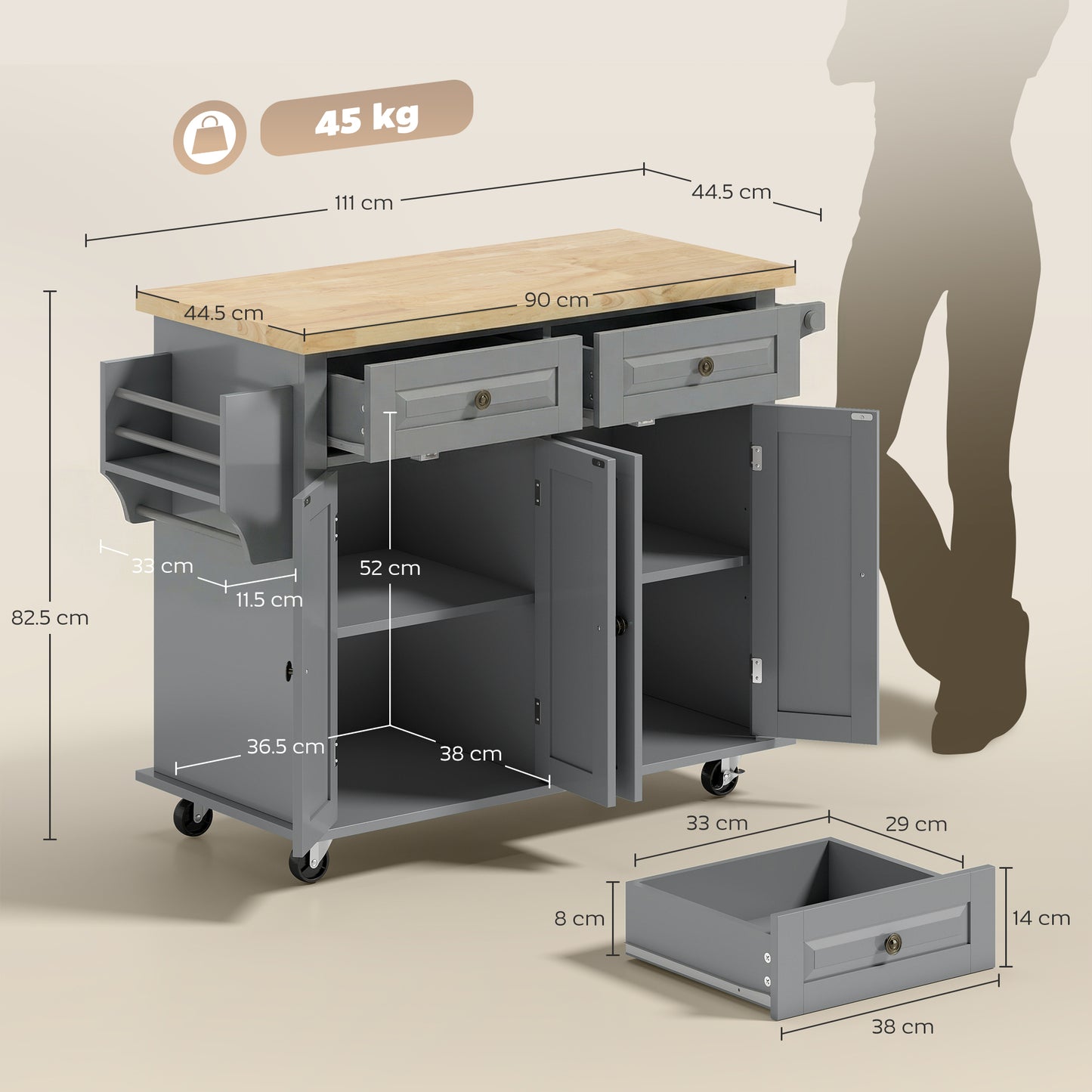 Rolling Kitchen Island Storage Trolley with Rubber Wood Top & Drawers for Dining Room, Grey