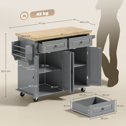 Rolling Kitchen Island Storage Trolley with Rubber Wood Top & Drawers for Dining Room, Grey