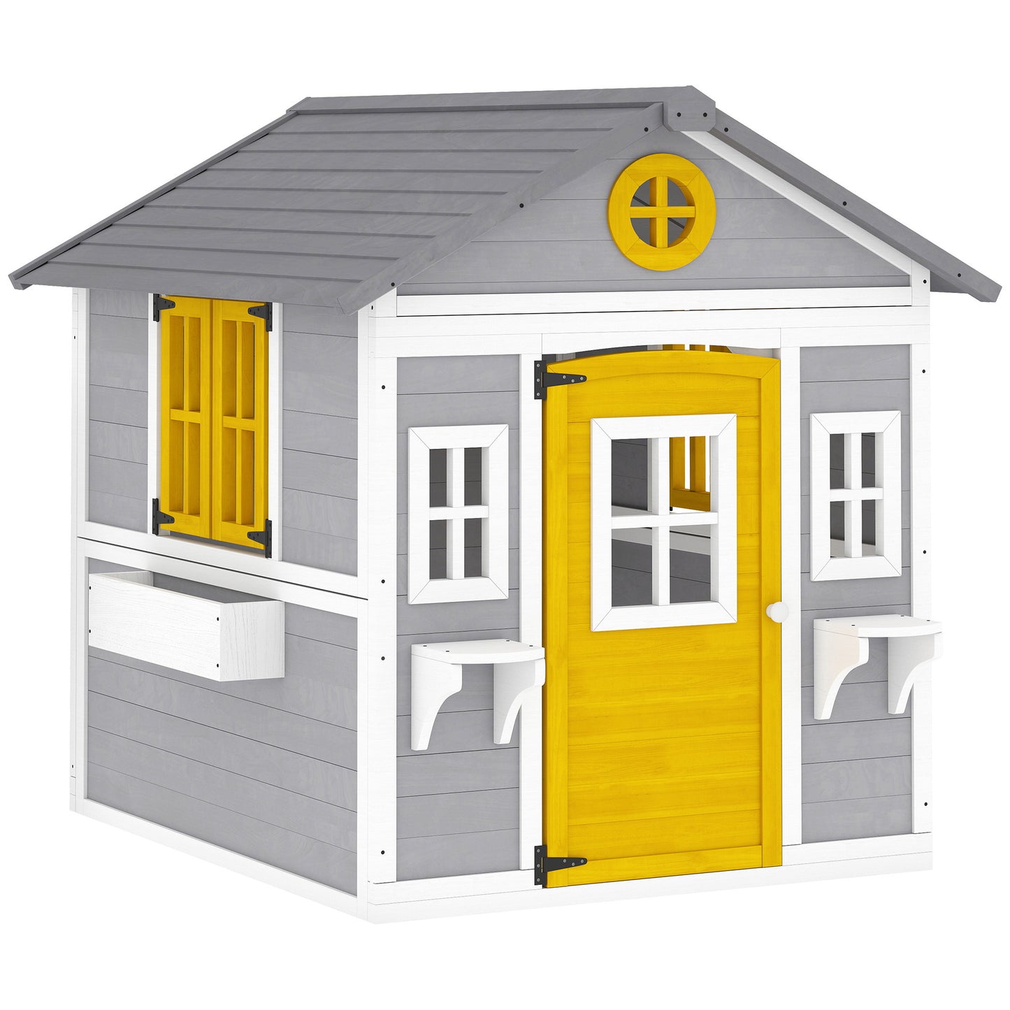 Wooden Playhouse with Doors, Windows, Plant Pots, Boxes, for 3-8 Years - Grey