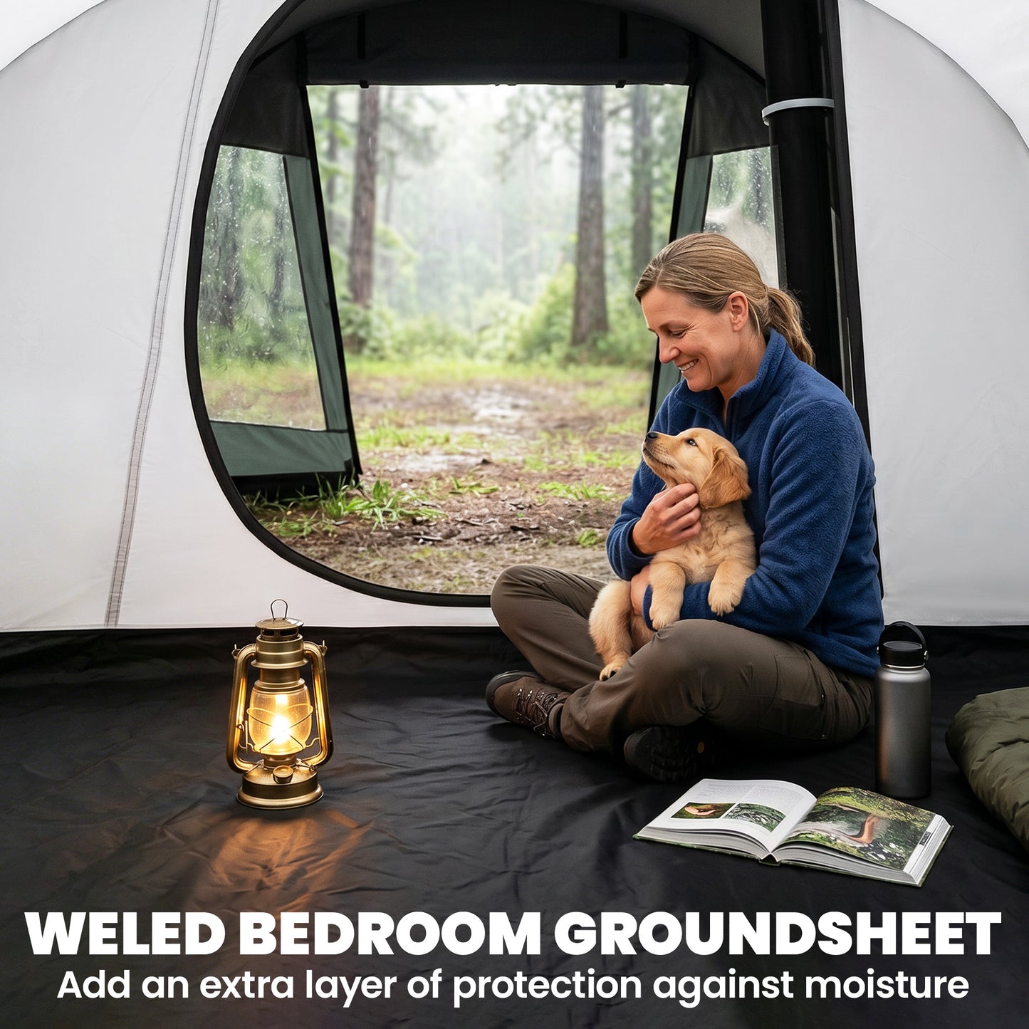 Two Room Tunnel Tent Camping Tent for 3 Man with Windows, Covers, Carry Bag, for Fishing, Hiking, Sports, Green