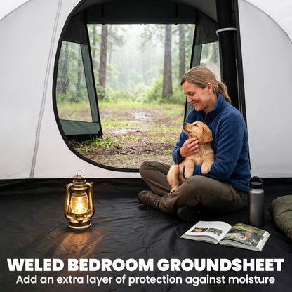 Two Room Tunnel Tent Camping Tent for 3 Man with Windows, Covers, Carry Bag, for Fishing, Hiking, Sports, Green