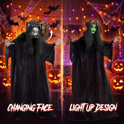 67"/170cm Life Size Animated Ghost with Werewolf Mask, Halloween Decorations Outdoor Indoor, Scary Halloween Animatronic