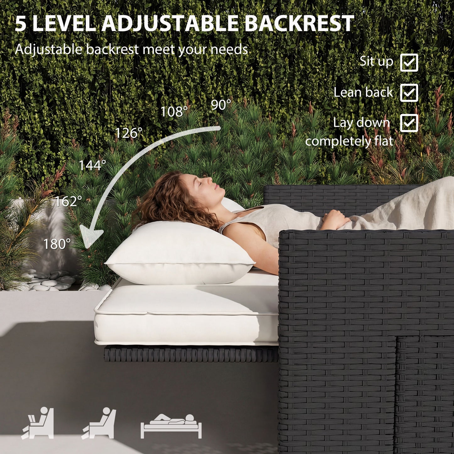 Rattan Garden Daybed, Double Sun Lounger with 5-Level Adjustable Back, Storage Ottoman, Cream White