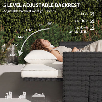 Rattan Garden Daybed, Double Sun Lounger with 5-Level Adjustable Back, Storage Ottoman, Cream White