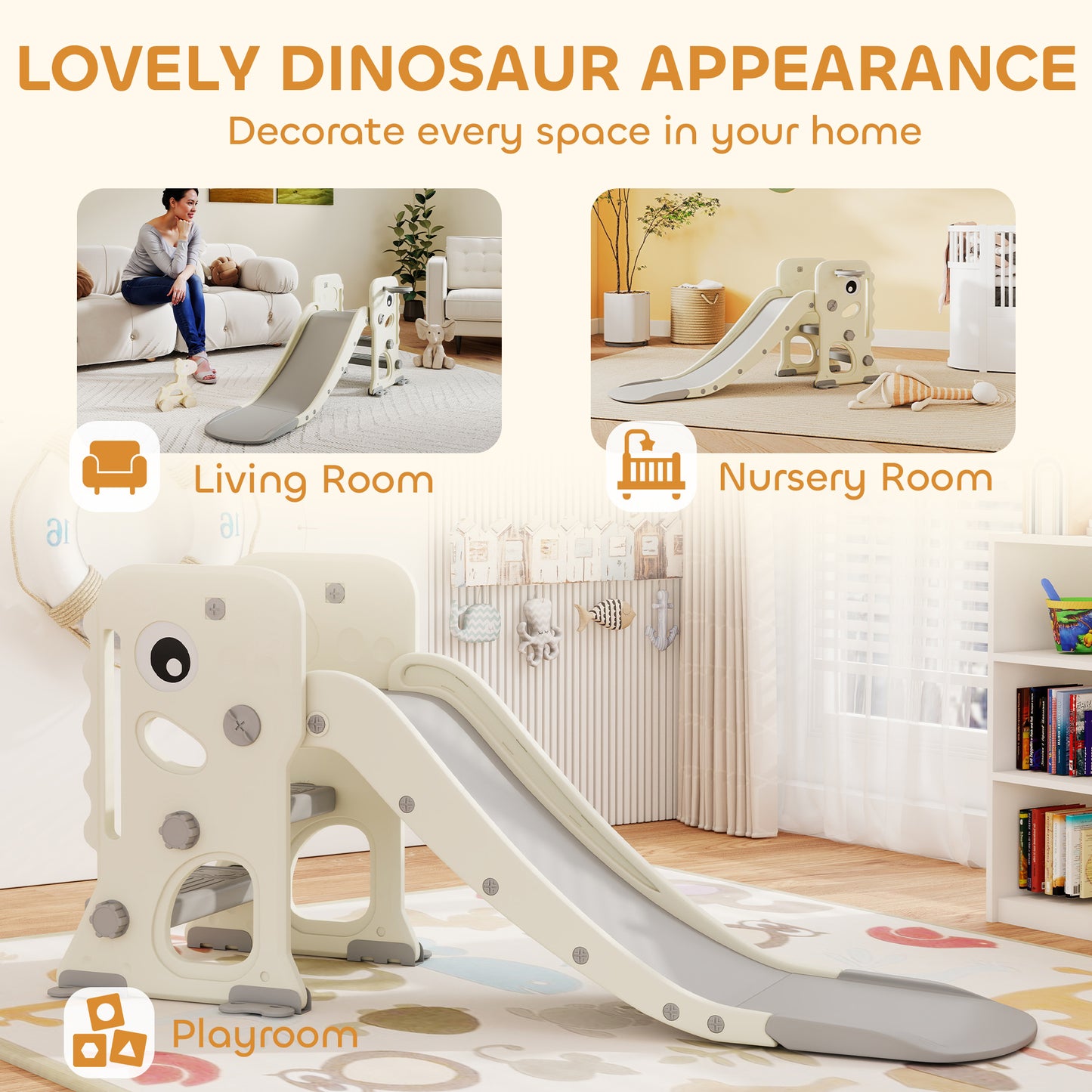 3 in 1 Kids Slide with Climber, Basketball Hoop and Ball, Foldable Indoor Toddler Slide for Ages 2-5, Cream White