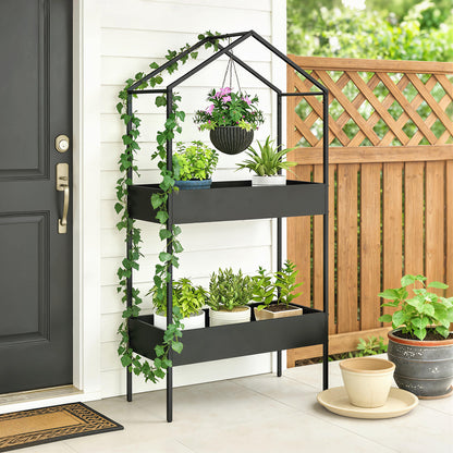 2 Tier Plant Stand, Outdoor Indoor Metal Plant Stand with Hook, House-Shaped Pots Holder Display Rack, Black