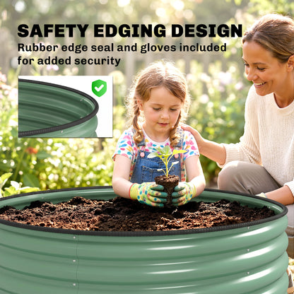Galvanised Raised Garden Bed with Safety Edging, Outdoor Raised Planter Box with Gloves, 120 x 120 x 43cm, Light Green