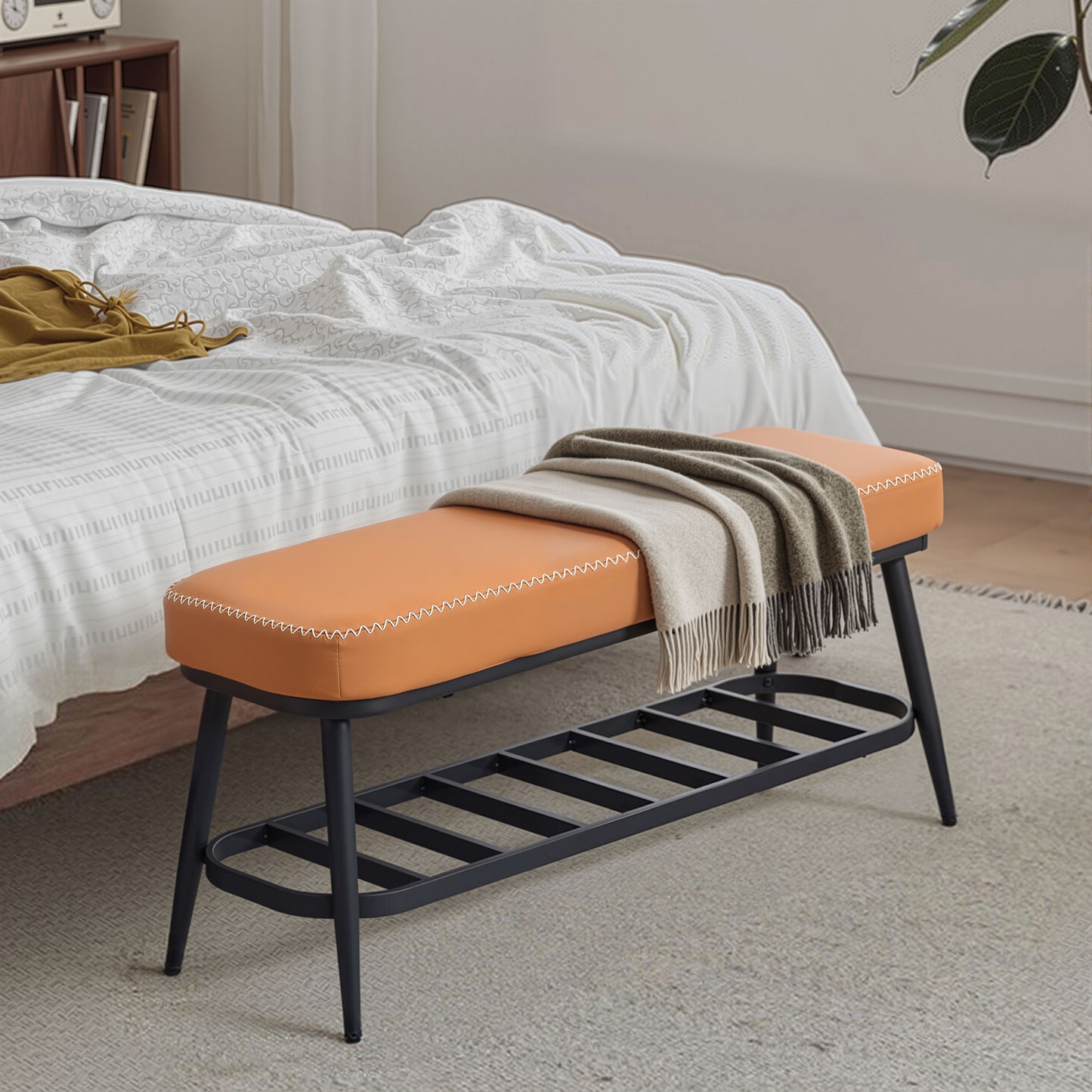 PU Leather Shoe Storage Bench - Brown