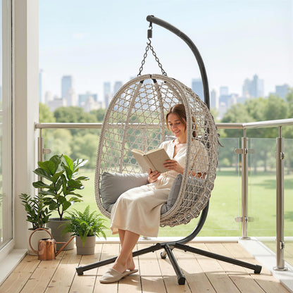 Hanging Egg Chair, Indoor Outdoor Rattan Hammock Swing Chair with Stand, Safety Strap, Foldable Basket, Light Grey
