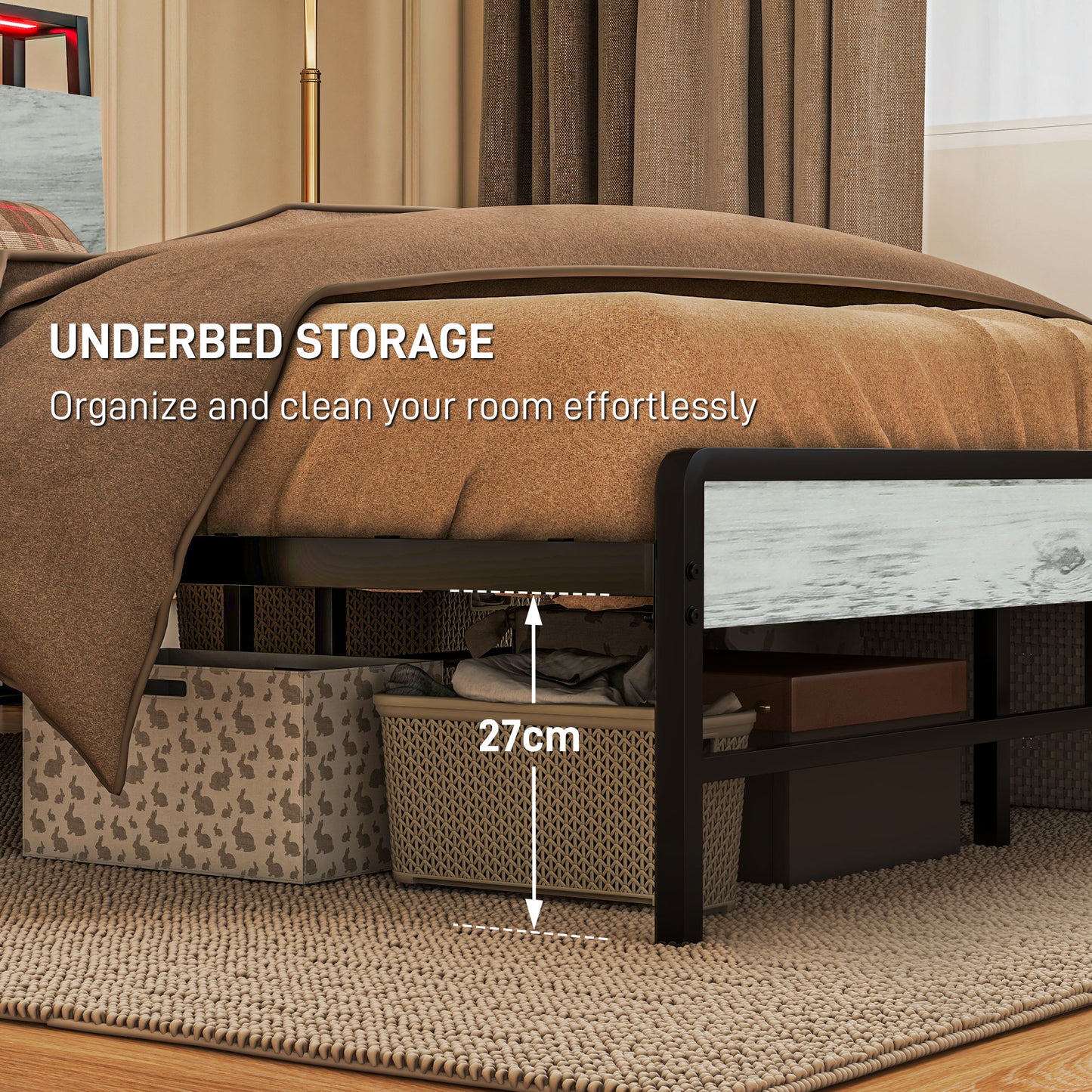 Single Steel Bed Frame, with LED Lights and Shelf - Grey