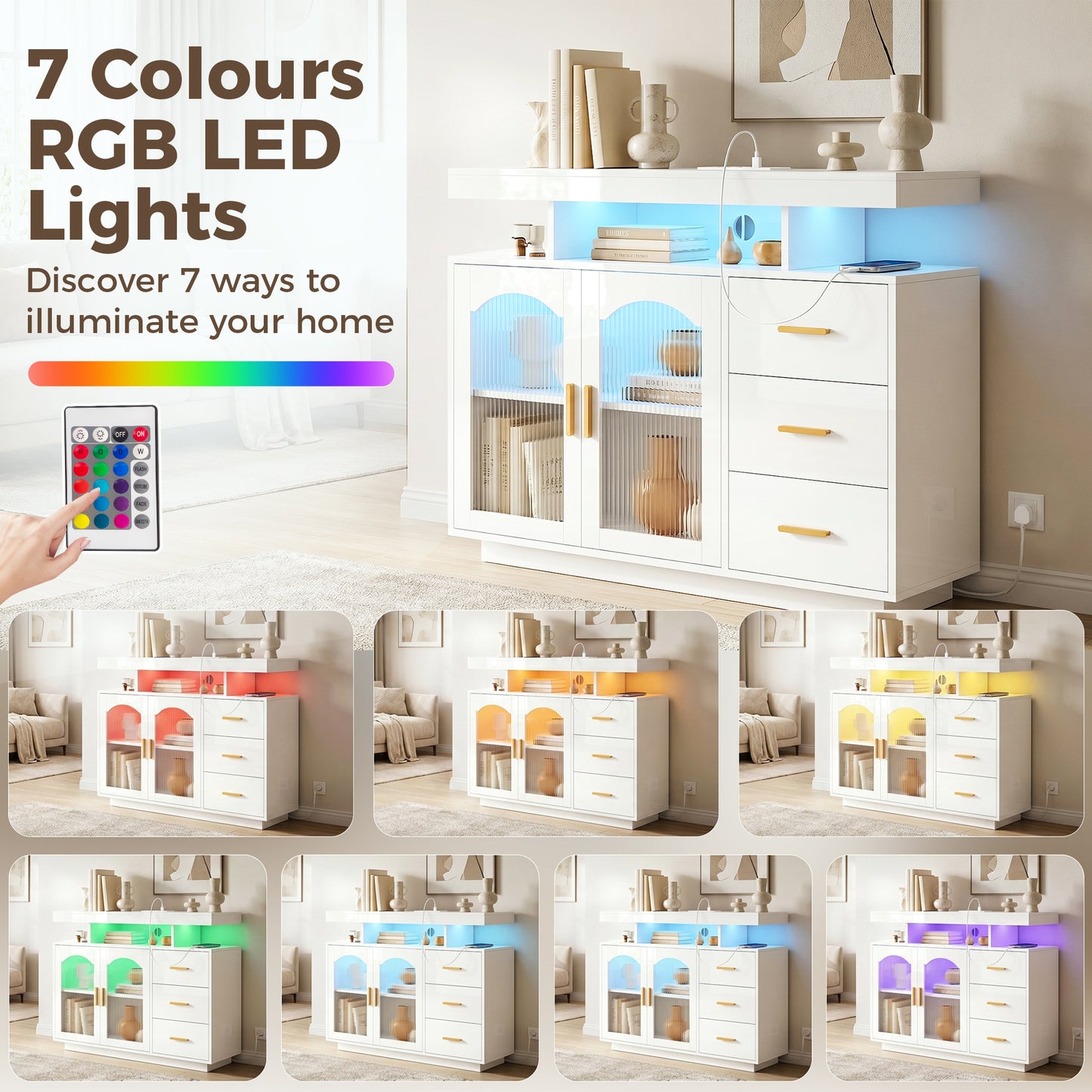 High Gloss Sideboard with LED Lights, Built-in Power Outlets, 3 Drawers, Shelves and 2 Acrylic Doors, White