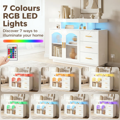 High Gloss Sideboard with LED Lights, Built-in Power Outlets, 3 Drawers, Shelves and 2 Acrylic Doors, White