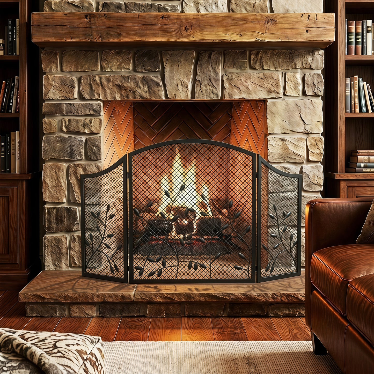 3-Panel Folding Fireplace Screen for Hearth Protection, Heat-Resistant Metal Fire Spark Guard, Black