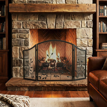3-Panel Folding Fireplace Screen for Hearth Protection, Heat-Resistant Metal Fire Spark Guard, Black