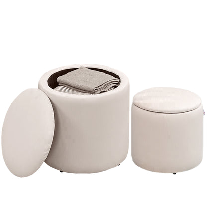Set of 2 Round Ottoman with Storage, Fabric Vanity Stool for Makeup