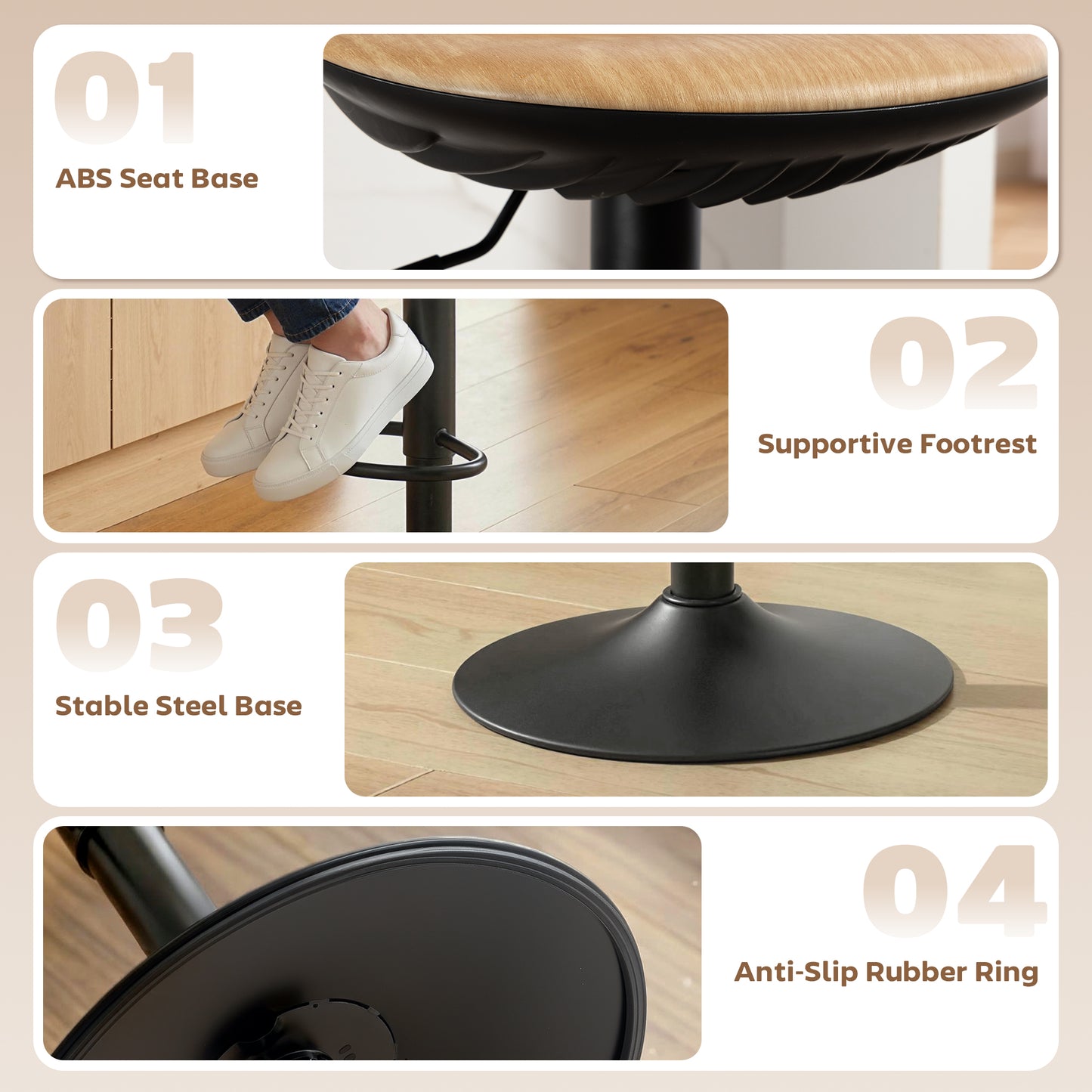 Set of 2 Barstools PU Leather Kitchen Stools with Saddle Seat Height Adjustable Swivel Kitchen Chairs with Footrest Oak