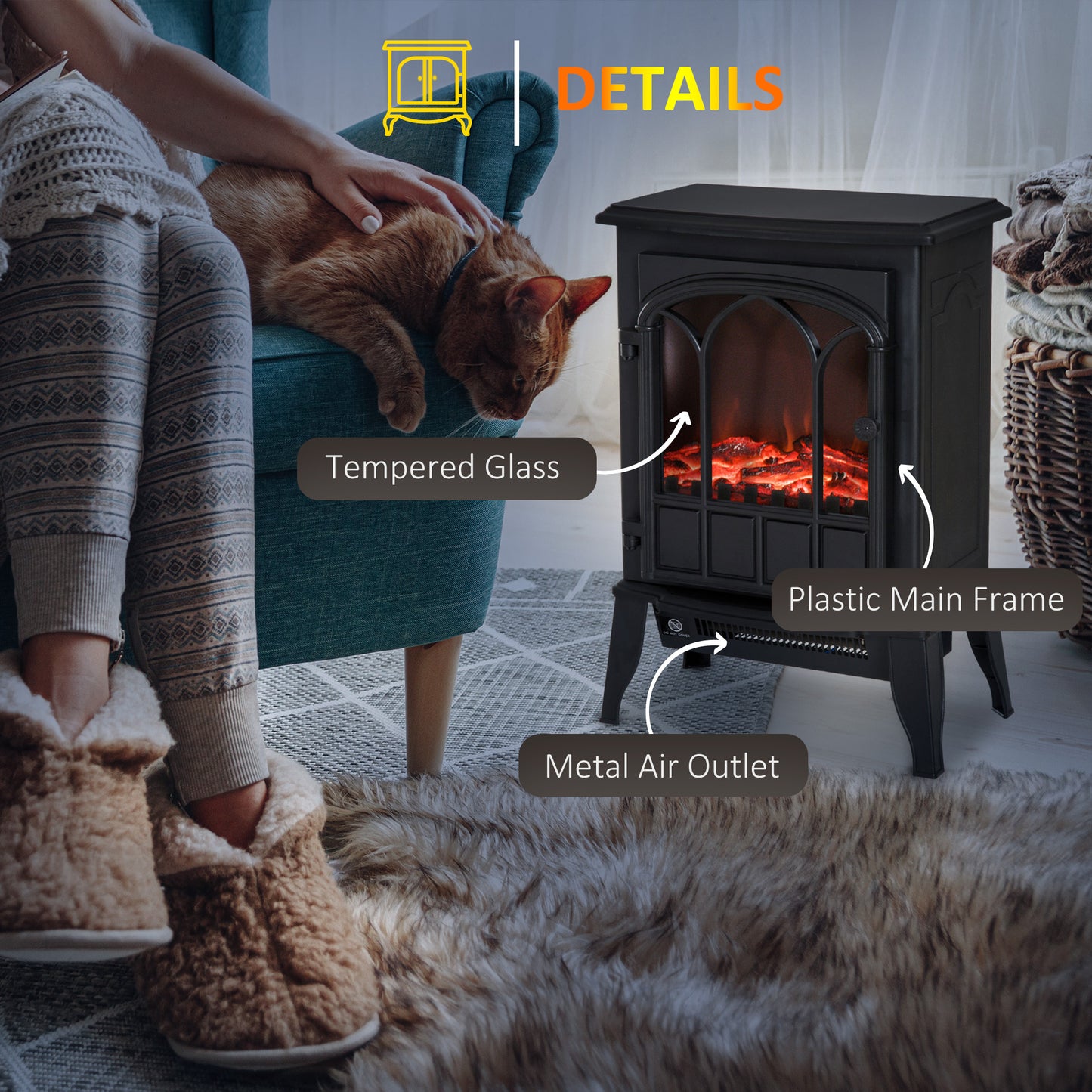 Freestanding Electric Fireplace, Electric Stove Heater with LED Flame Effect, Overheating Safety System, 1000W/2000W Black