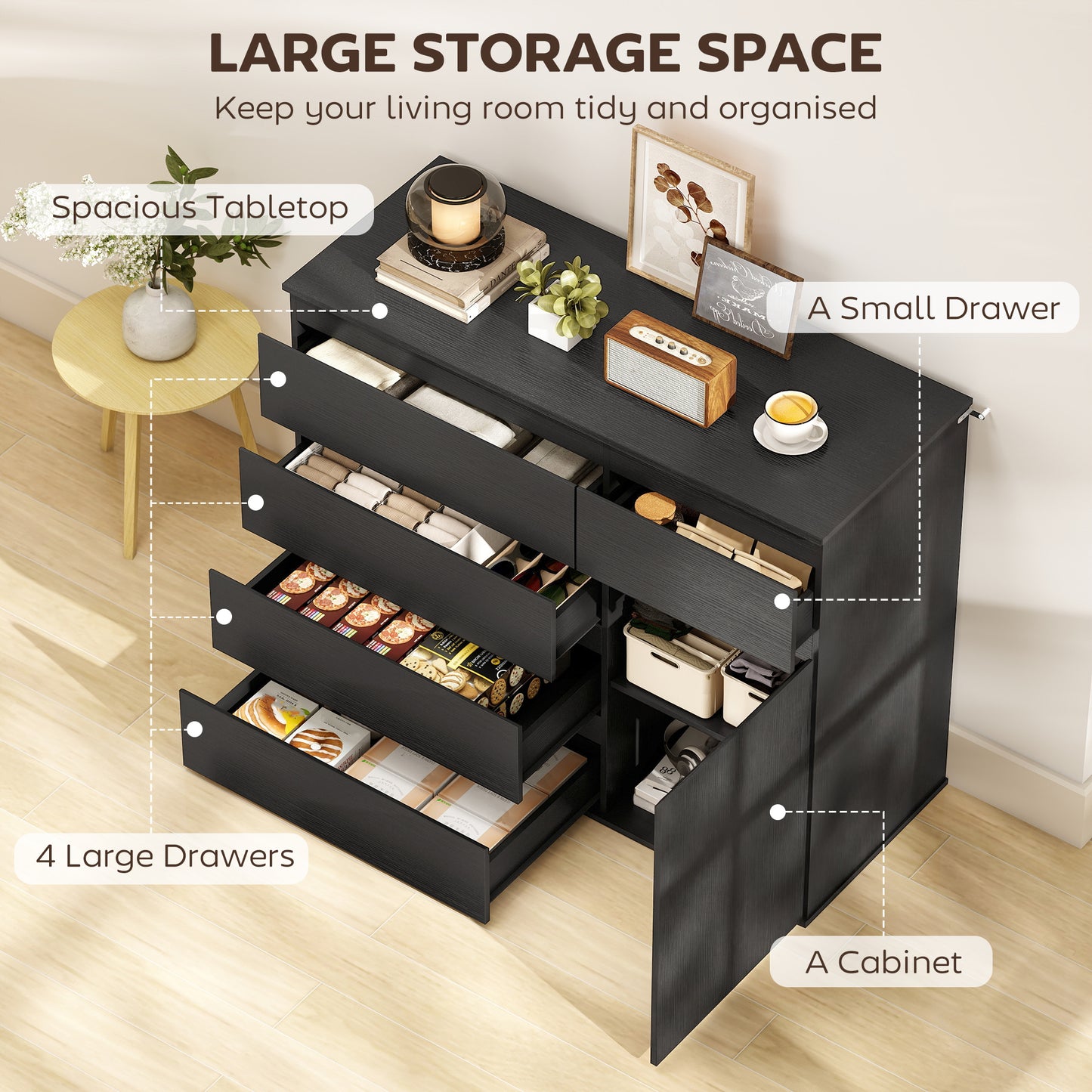 Modern Chest Of Drawers, 5 Drawer Dresser with Adjustable Shelf, Soft-Close Door, Black