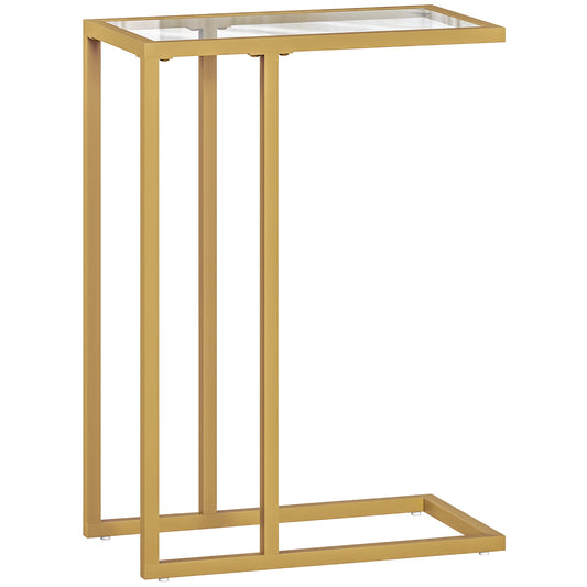 C-Shaped Side Table, Modern Slim End Table with Tempered Glass Tabletop, Steel Frame for Small Space, Living Room, Bedroom