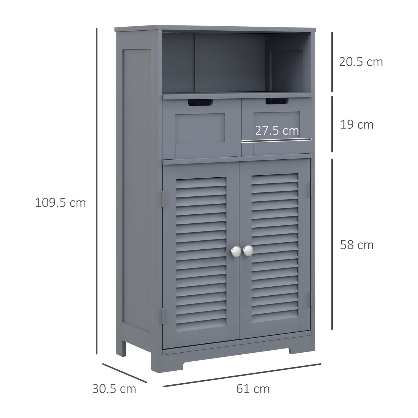 Three-Part Bathroom Storage Unit, with Shelf, Drawers & Cupboard - Grey