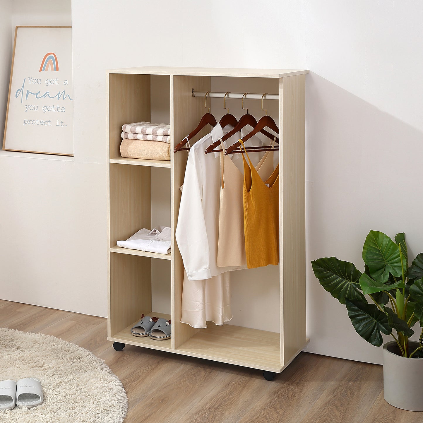 Open Wardrobe on Wheels, Bedroom Wardrobe with Clothes Hanging Rail, 3 Storage Shelves, Mobile Garment Rack for Cloakroom