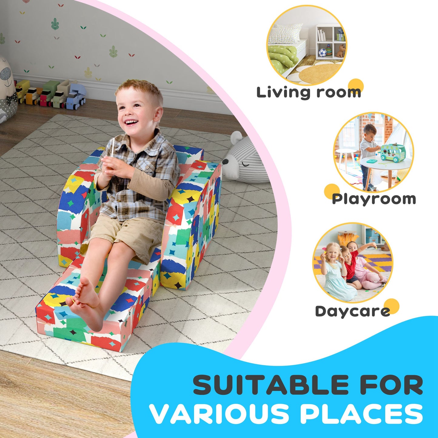Foldable Toddler Chair Soft Snuggle Sponge Filled for Bedroom Playroom, Aged 18 Months to 3 Years - Multicoloured