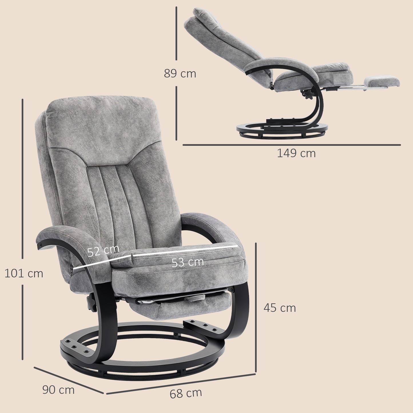 Swivel Recliner Chair with Footrest, Manual Recliner Armchair with Wooden Base
