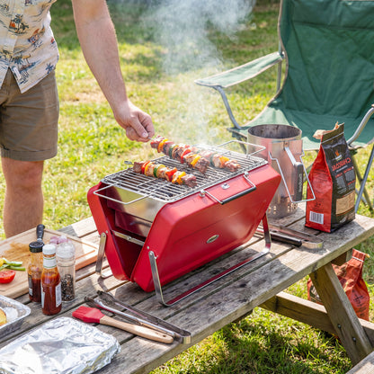 Portable Mini Charcoal Barbecue Grill with Suitcase Shell, Outdoor Folding Tabletop BBQ Grill, Red