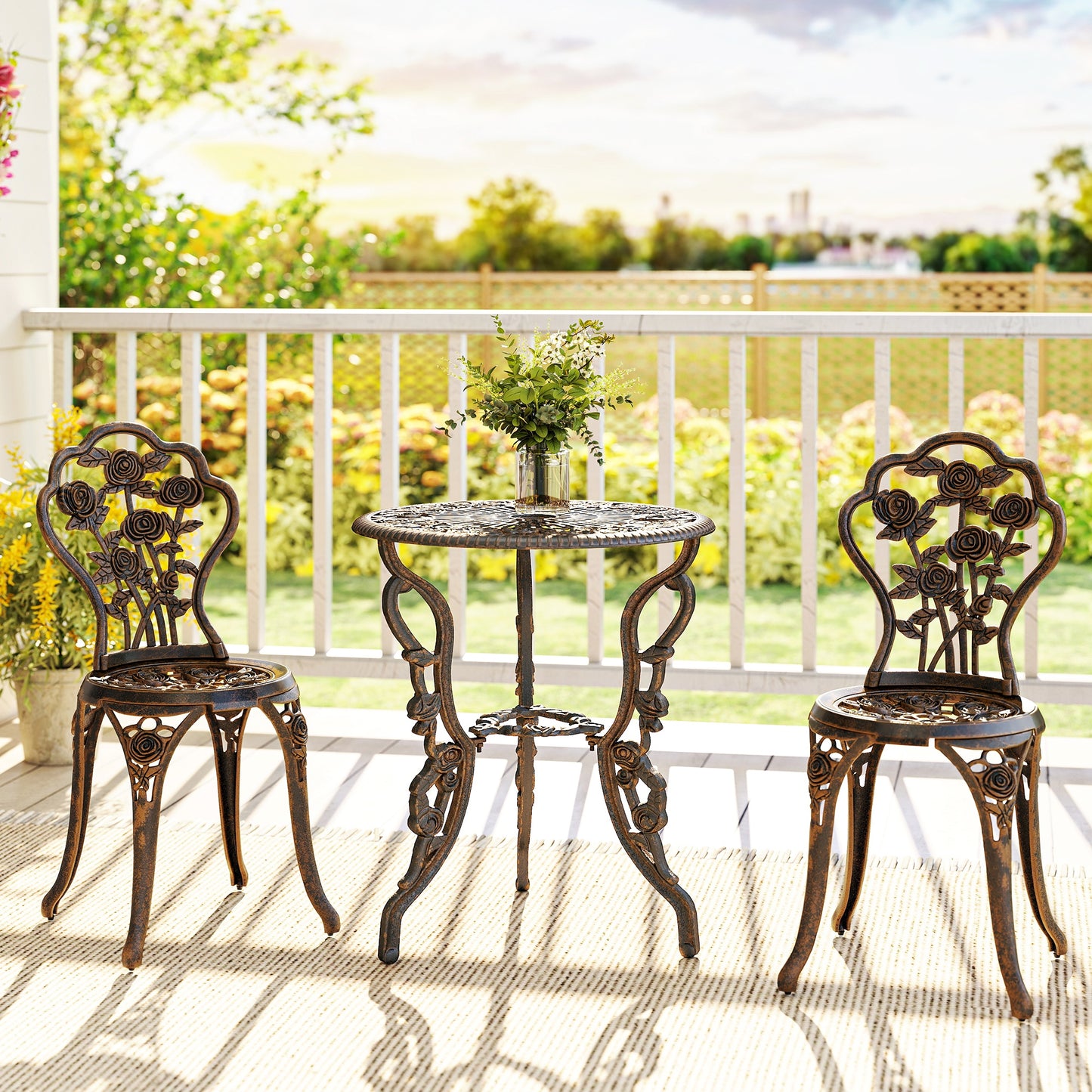 Outdoor Bistro Set Vintage Rose Design Patio Furniture Set with Round Table and 2 Chairs Metallic Finish