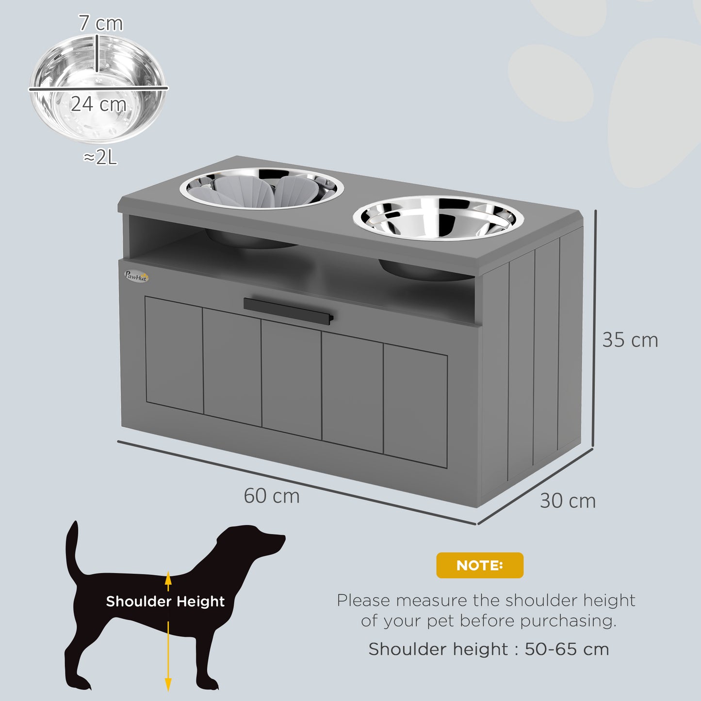 Raised Dog Bowl with Slow Feeder, Two Stainless Steel Dog Bowls, Drawer, for Large and Extra Large Dogs, Grey