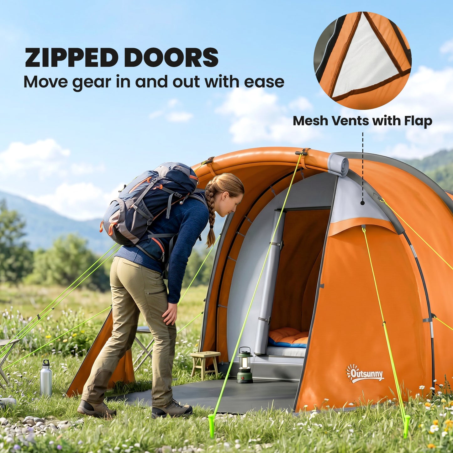 2 Man Tunnel Tent with Sewn-in Groundsheet, Air Vents, Rainfly, 2000mm Large Camping Tent with Bedroom, Porch