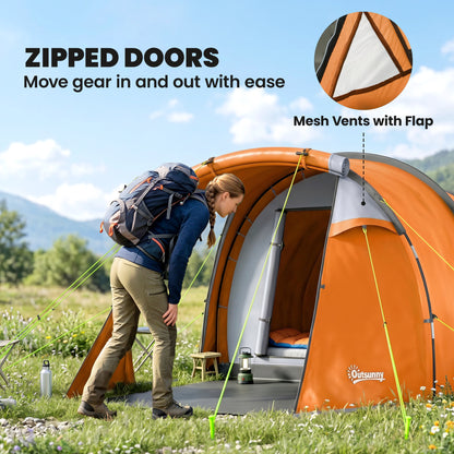 2 Man Tunnel Tent with Sewn-in Groundsheet, Air Vents, Rainfly, 2000mm Large Camping Tent with Bedroom, Porch