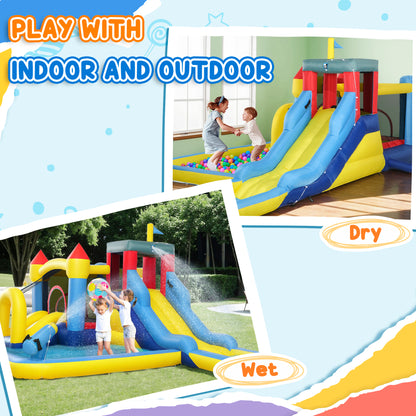 Inflatable Bouncy Castle, Kids Water Bounce House 6 in 1 with 550W Blower, 2 Slides for Garden, Party, Outdoor Indoor