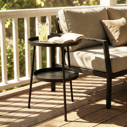 Patio Side Table, 2-Tier Round Coffee End Table for Garden Balcony Living Room Bedroom, Black