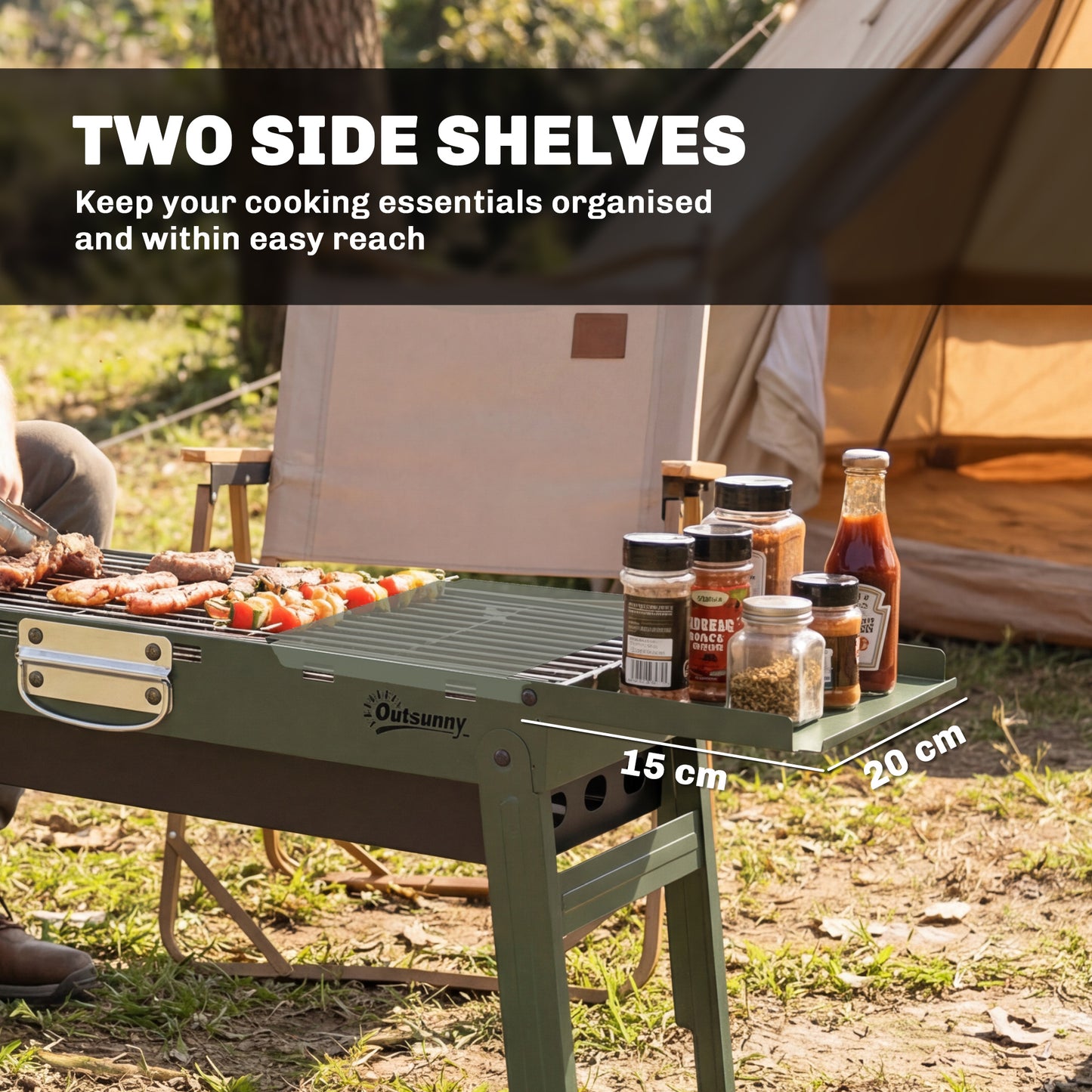 Portable BBQ Grill, Foldable Charcoal Grill for Camping and Picnics with 2 Side Shelves and Handle, Green