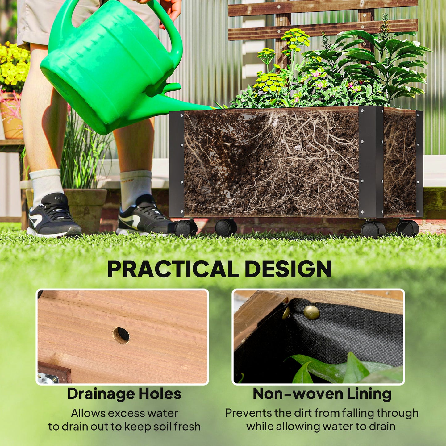 Raised Garden Bed with Trellis, Outdoor Wooden Planter Box with Metal Corners and Wheels, Raised Bed for Garden