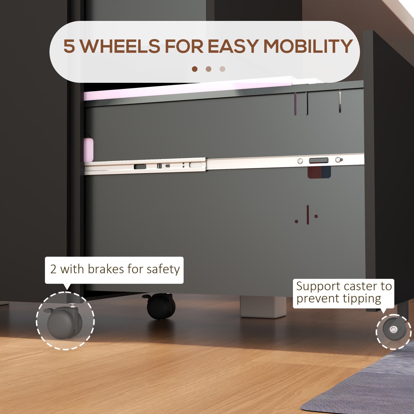 2-Drawer Filing Cabinet with Lock and 5 Wheels, Steel Mobile File Cabinet, for A4, Legal and Letter Size, Pre-Assembled Body
