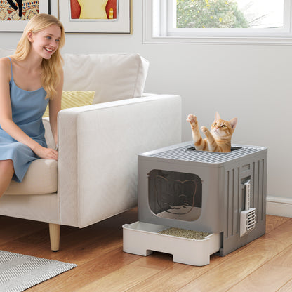 Cat Litter Box with Lid, Slide-Out Drawer, Scoop, Easy Clean, Odour Control, Anti-Splashing, Grey