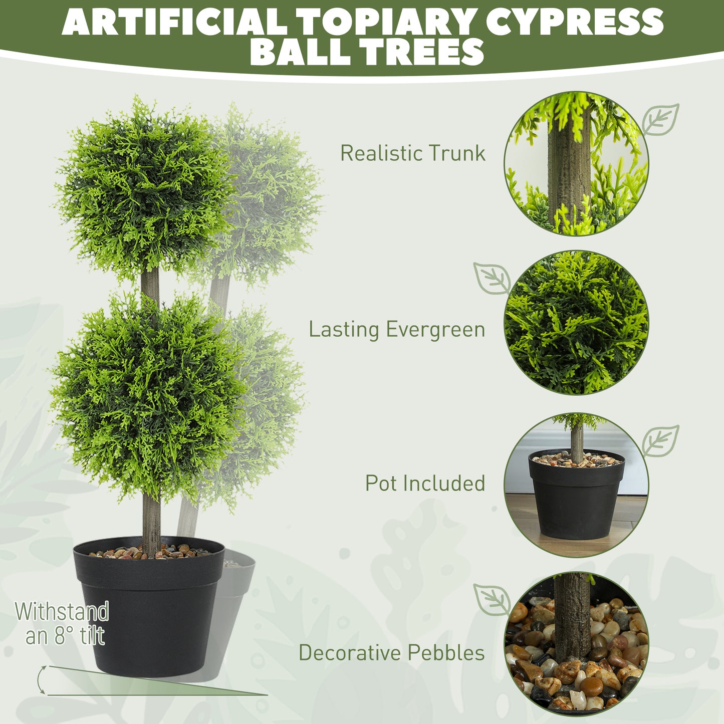 Set of 2 Decorative Artificial Trees, Topiary Ball-shaped Boxwood Trees in Pot with Cypress Leaves