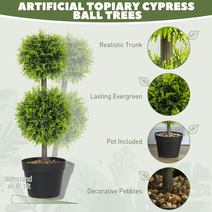 Set of 2 Decorative Artificial Trees, Topiary Ball-shaped Boxwood Trees in Pot with Cypress Leaves