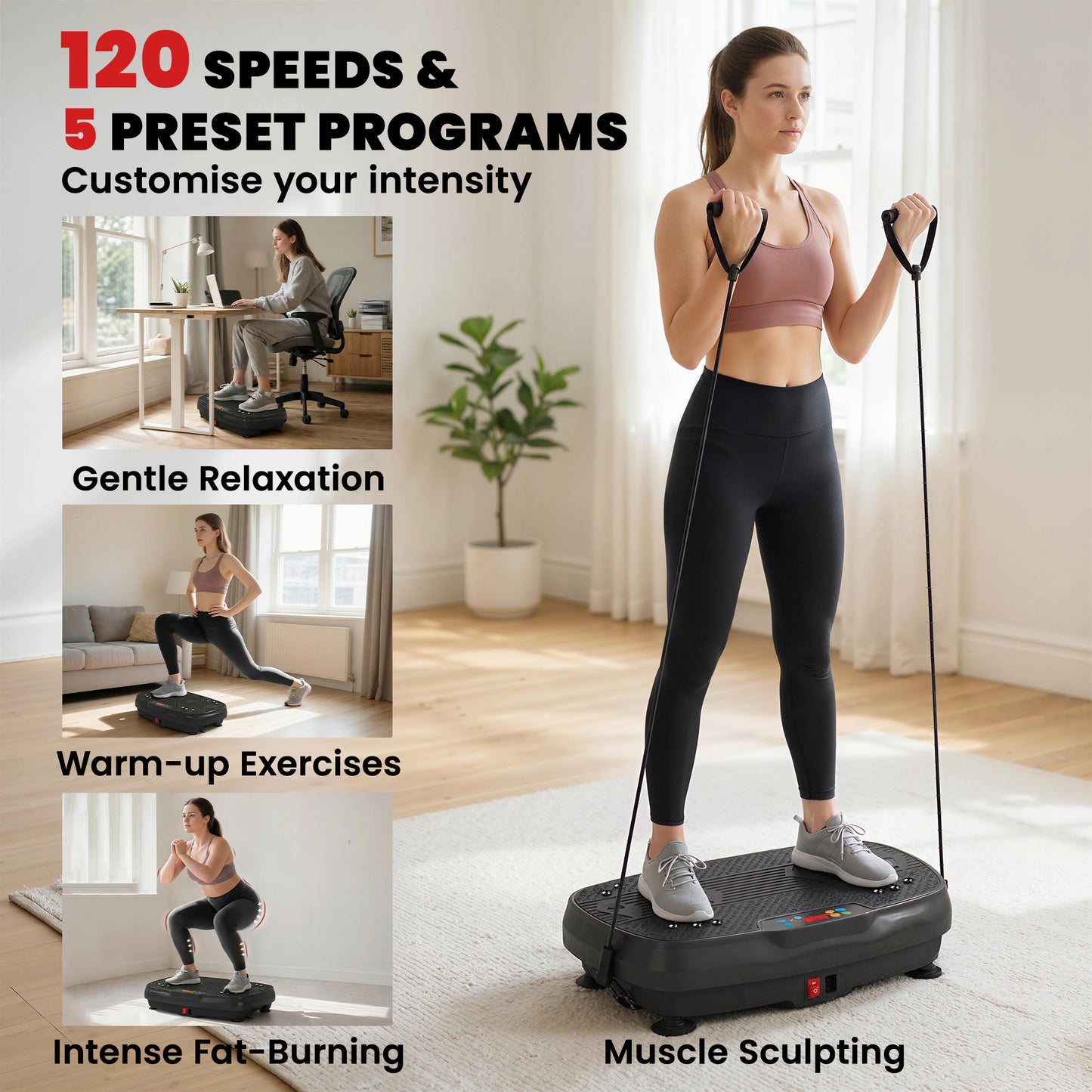 Vibration Plate Exercise Machine with 120 Speed Levels, 5 Programs, Quiet Vibrating Plate with Resistance Bands