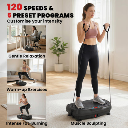 Vibration Plate Exercise Machine with 120 Speed Levels, 5 Programs, Quiet Vibrating Plate with Resistance Bands