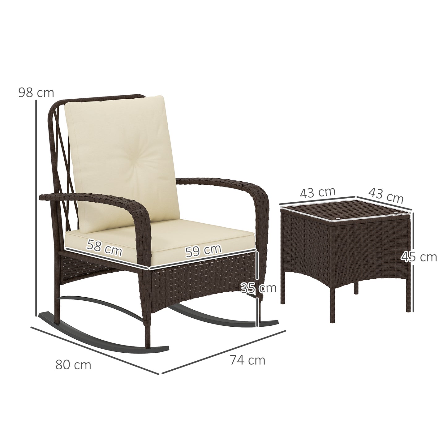 Three-Piece Rocking Chair Rattan Bistro Set - Brown