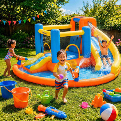 5 in 1 Bouncy Castle for Children, Inflatable Bounce House with Dual Slides, Pool, Climbing Wall, Water Cannons, Blower