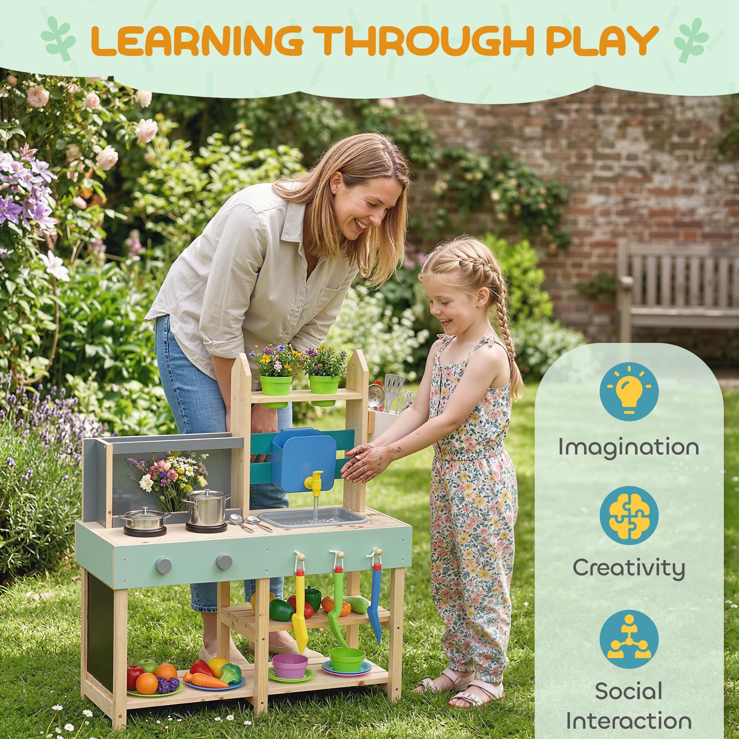 Mud Kitchen with Working Faucet, Kids Play Kitchen with Flower Pots, Kitchen Accessories, Planting Tools, Blue